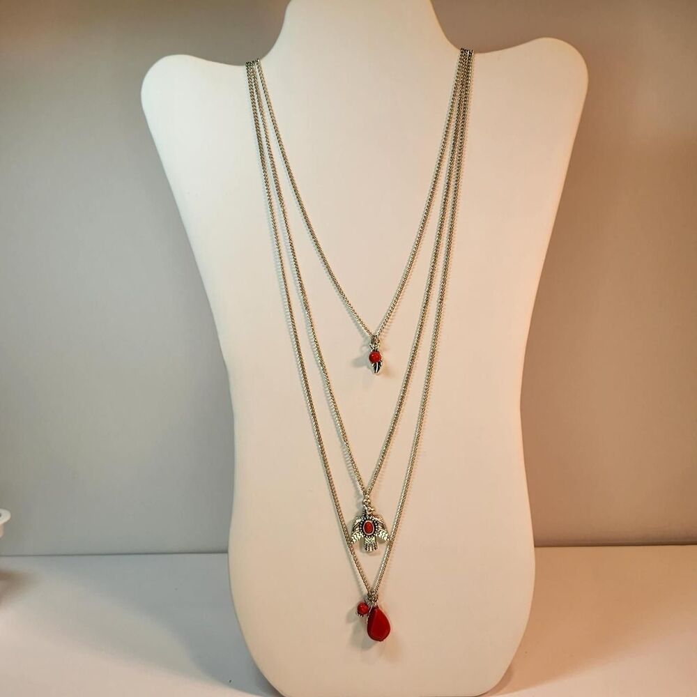 Paparazzi Women's Red & silver tone multi charm layered necklace boho western